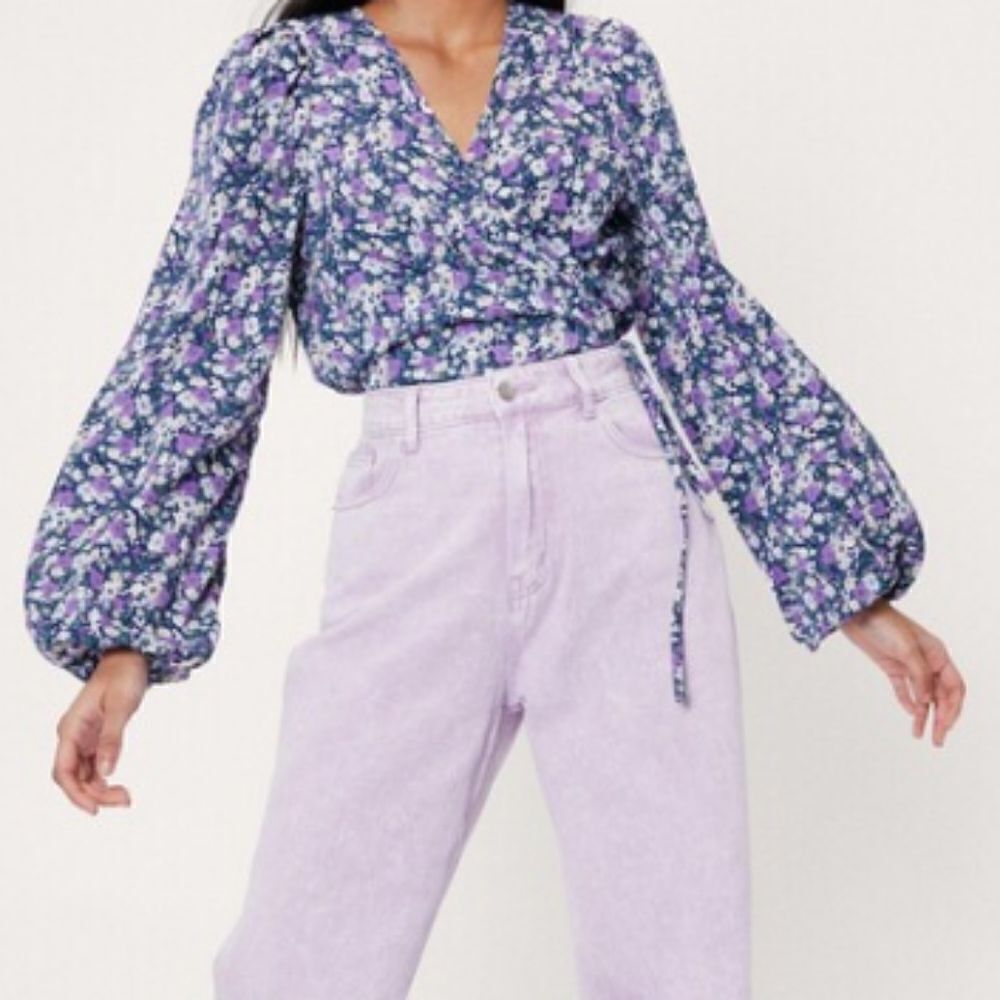 Nasty Gal Womens Floral Print Balloon Sleeve Wrap Blouse In Purple